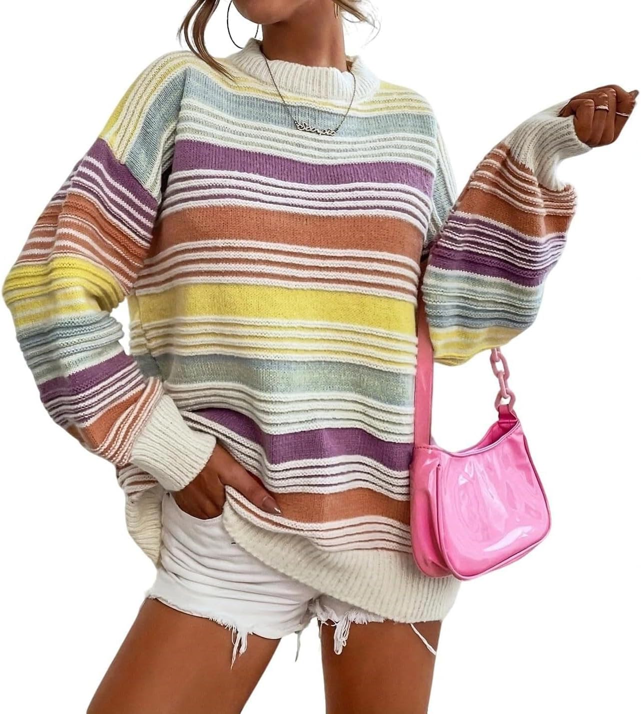 Womens Contrast Striped Pullover Sweaters Crewneck Long Sleeve Loose Colorblock Knit Jumper Casual Oversized Fall Tops