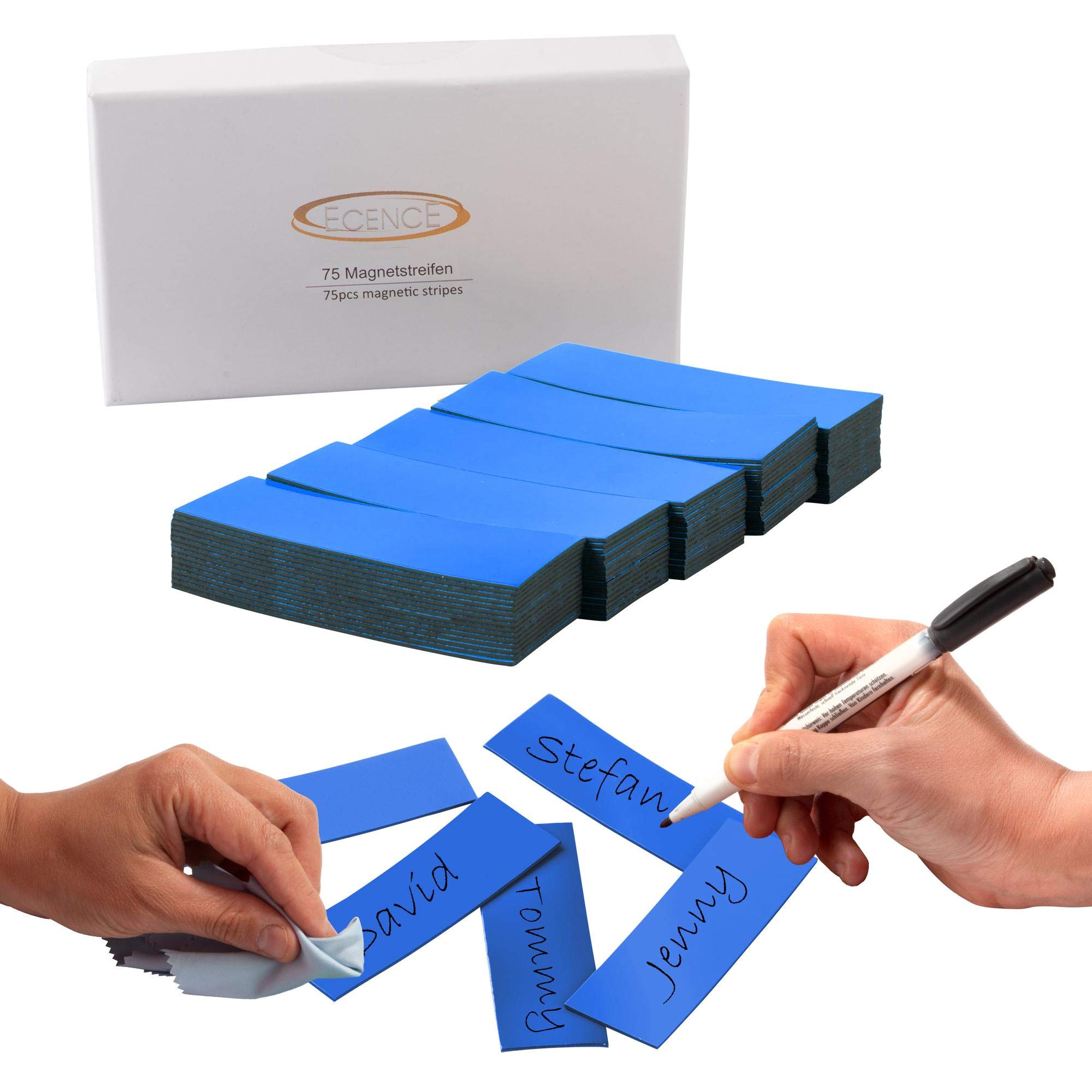ECENCE Dry Erase Magnetic Labels 75pcs Reusable Magnetic Name Tags 2.36inchx0.79inch Writable Magnetic Sticker Notes for Whiteboard Refrigerator Locker Classroom Blue