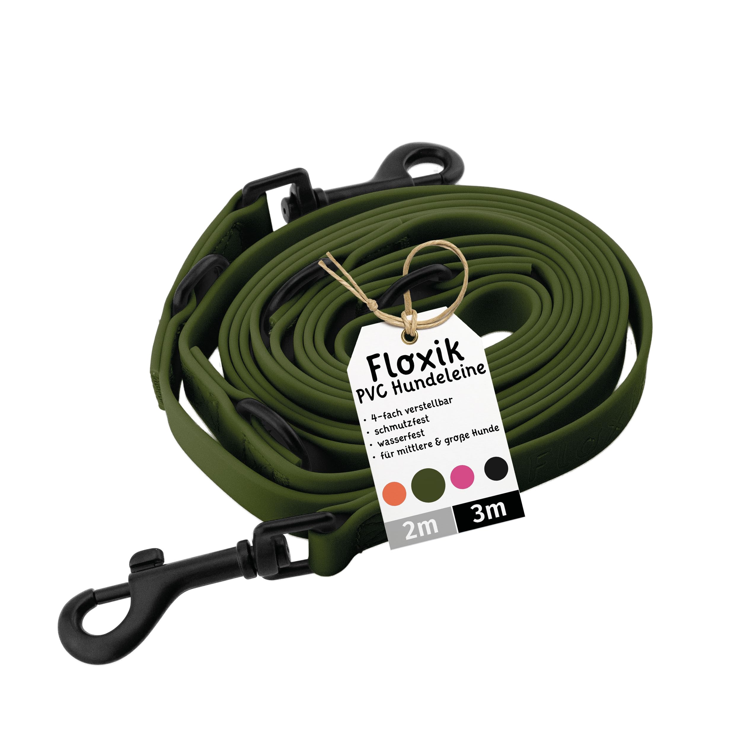 Floxik PVC Hundeleine 3m Grün | 4 Längen verstellbare Führleine für mittlere & große Hunde | Schmutz- & Wasserfest | Ideale Umhängeleine für das nächste Abenteuer mit deinem Liebling