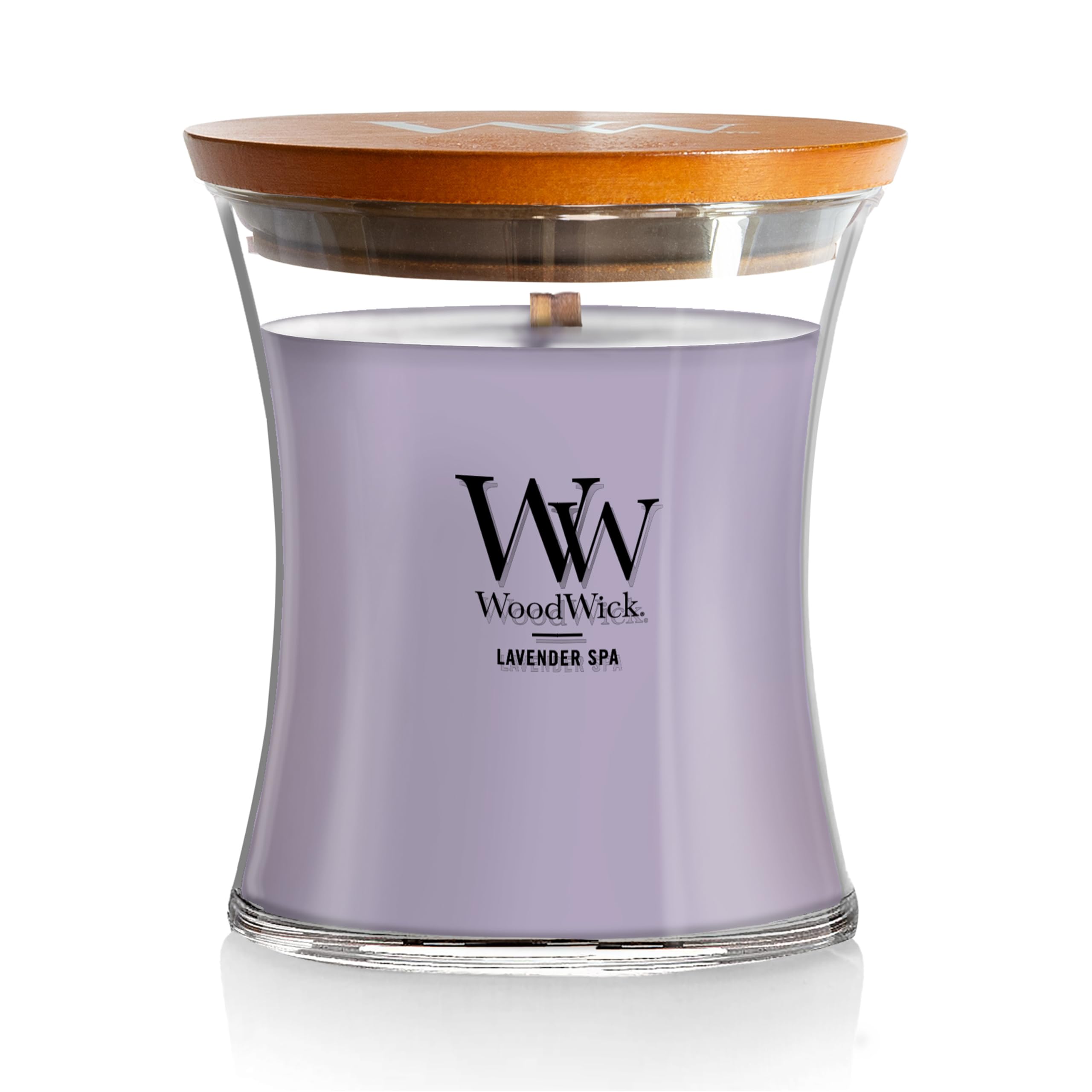 WoodWick Lavender Spa Gifts for Women and Men, 9.7 oz Medium Hourglass Candle with Crackling Wick
