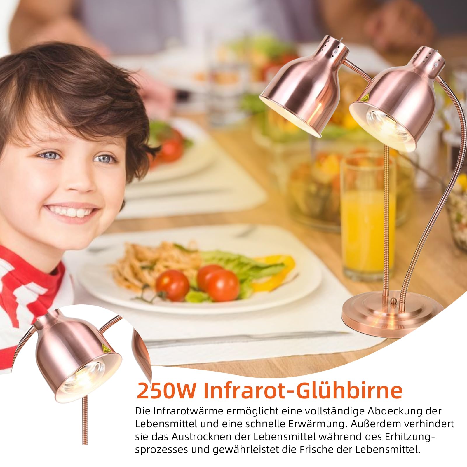 Lampada riscaldata da cucina, 250 W, lampada a infrarossi, doppia testa, autonoma, per buffet, sala da pranzo, hotel commerciali, mantenimento caldo degli alimenti (oro rosa)