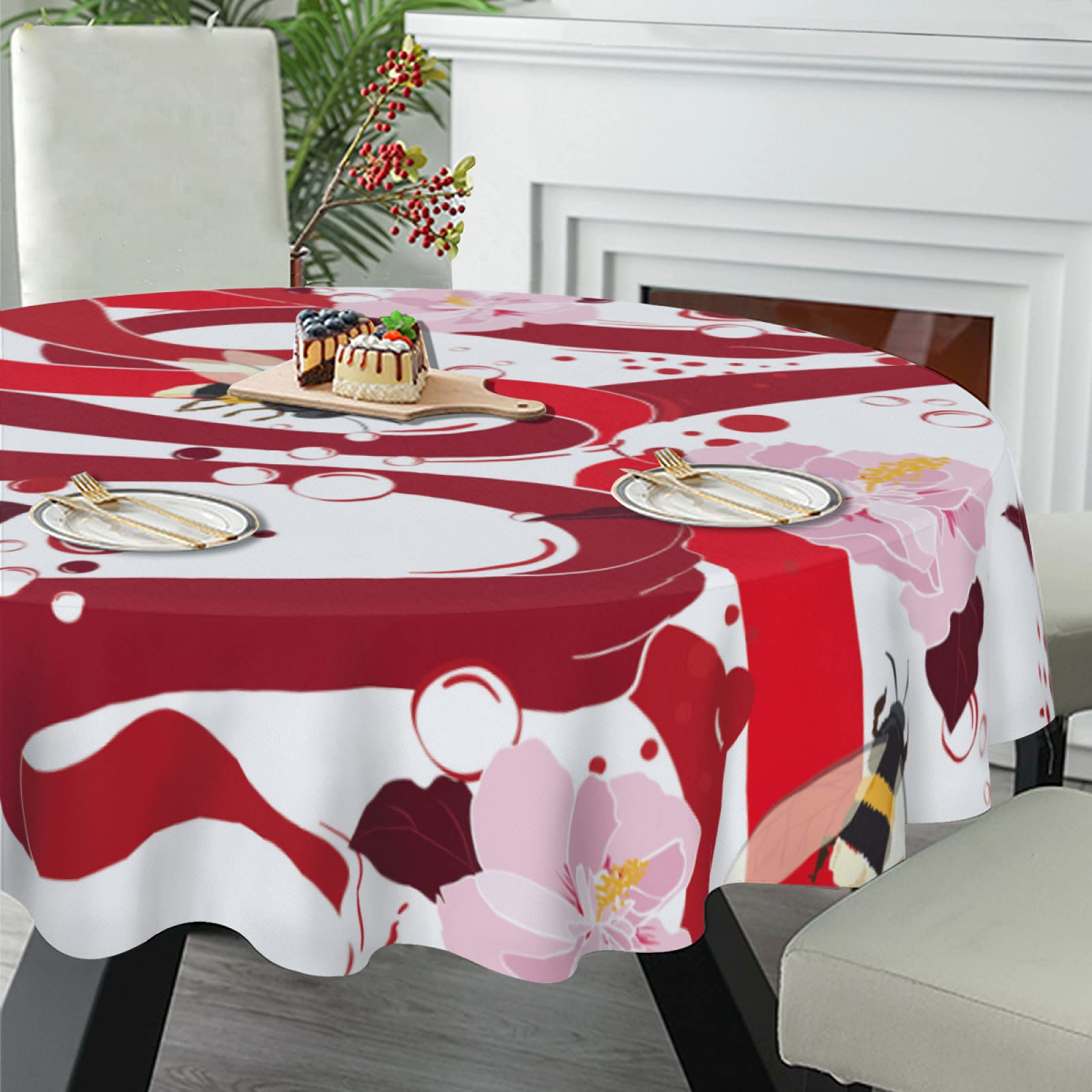 Tovaglia Rotonda Con Fiori Di Fragola E Bordo In Pizzo, 152 Cm, Poliestere Lavabile