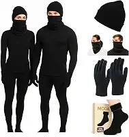 Conjunto Térmico Segunda Pele Unissex, 6 Peças, Blusa e Calça Flanelada, Gorro, Cachecol, Luvas Touch e Meias, Preto unisex