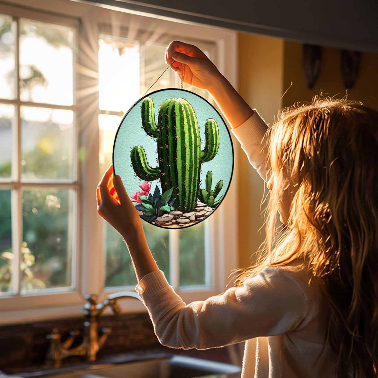 4in Stained Glass Window Hanging,Window Suncatcher Glass Panel with Metal Chain Cactus Sun Catchers Wall Art Home Decor Gift for Women Mother's Day