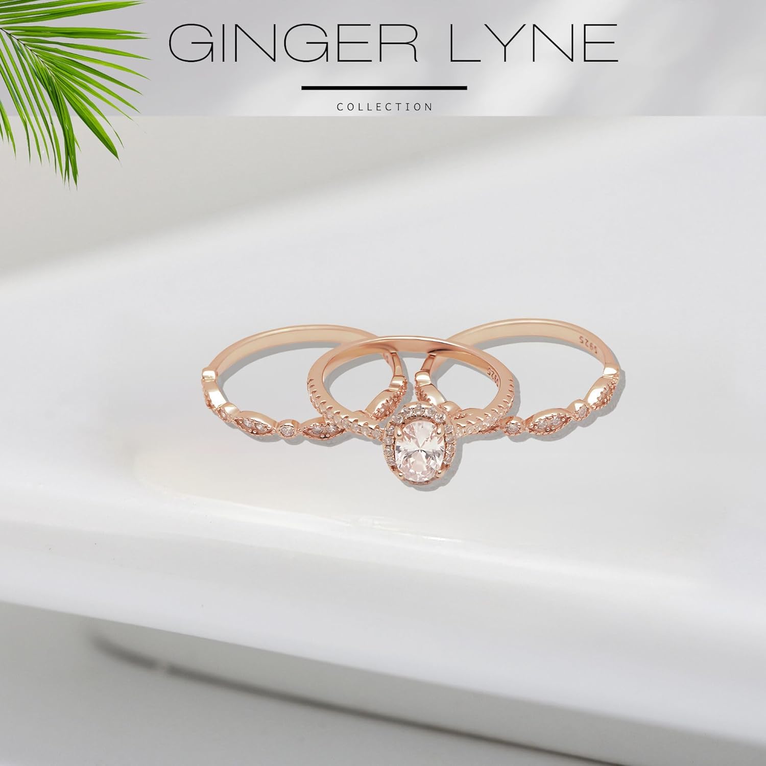 Halo Wedding Ring Set for Women by Ginger Lyne |3 Ring Bridal Set | Rose Gold Sterling Silver Engagement Rings Two Matching Anniversary Bands | Cubic Zirconia Promise or Wedding for Her