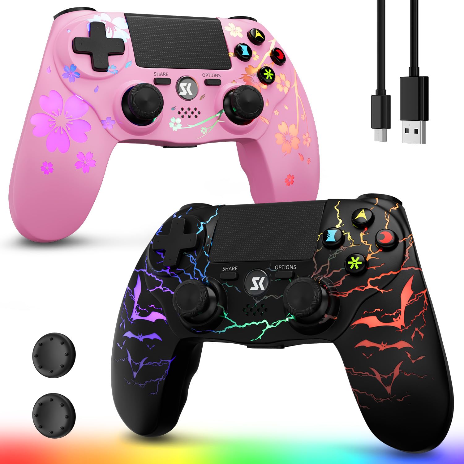 CHENGDAO 2er-Pack Kabelloser Controller für PS4, Multi-Plattform Controller kompatibel mit PS4/Pro/Slim/PC/iOS/Android/MacOS 3,5-mm-Audio-Buchse/empfindlichem Touchpad (Rosa & Schwarz)
