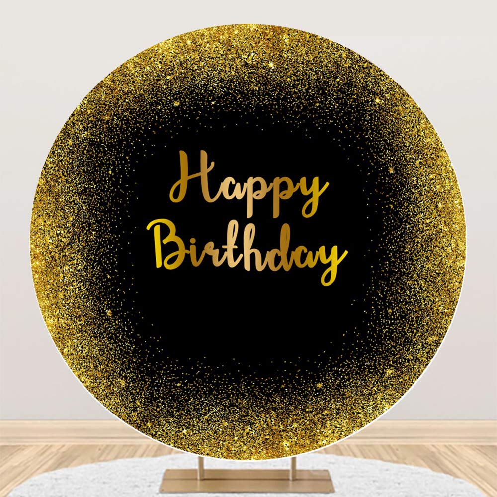 LeowefowaLuxurious Black Golden Birthday Round Backdrop Cover 7x7ft Gold Glittering Arch Background Stand Cover for Photography Men Women Bday Party Banner Supplies Polyester Photo Booth Props