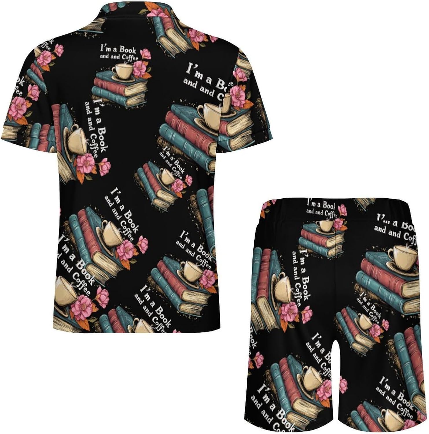 Book Coffee Print Mens Polo Shirts Track Suits 2 Piece Short Sleeve Sweatsuit 1/4 Zip Golf Loungewear for Sports
