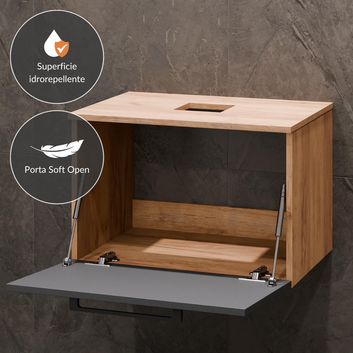 Planetmöbel Astra Set mobili bagno con mobile sottolavabo 60 cm, rovere dorato antracite, senza lavabo da appoggio