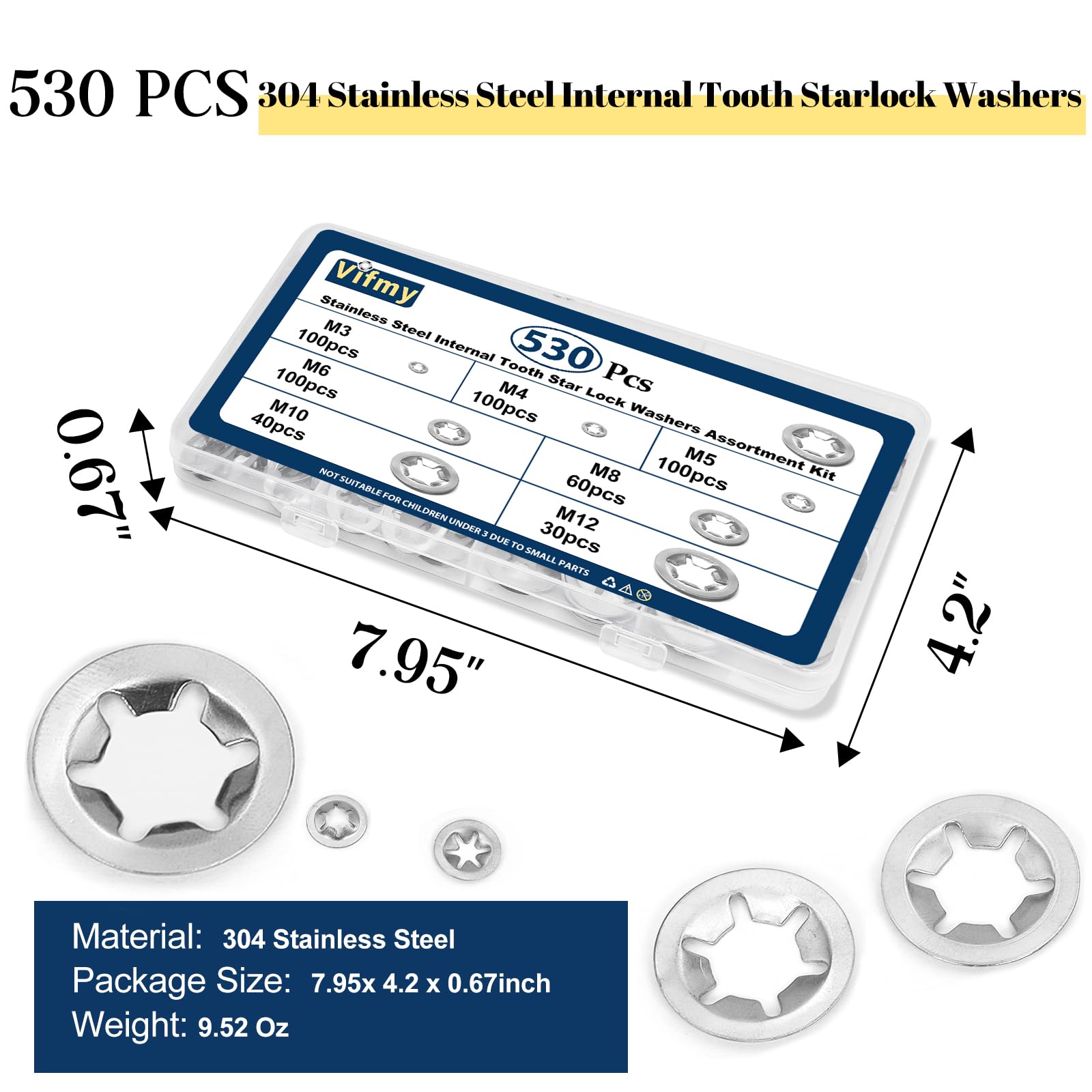 Kit surtido de arandelas de seguridad de estrella internas Vifmy (paquete de 530), M3, M4, M5, M6, M8, M10, M12, métricas, de acero inoxidable, con presión.