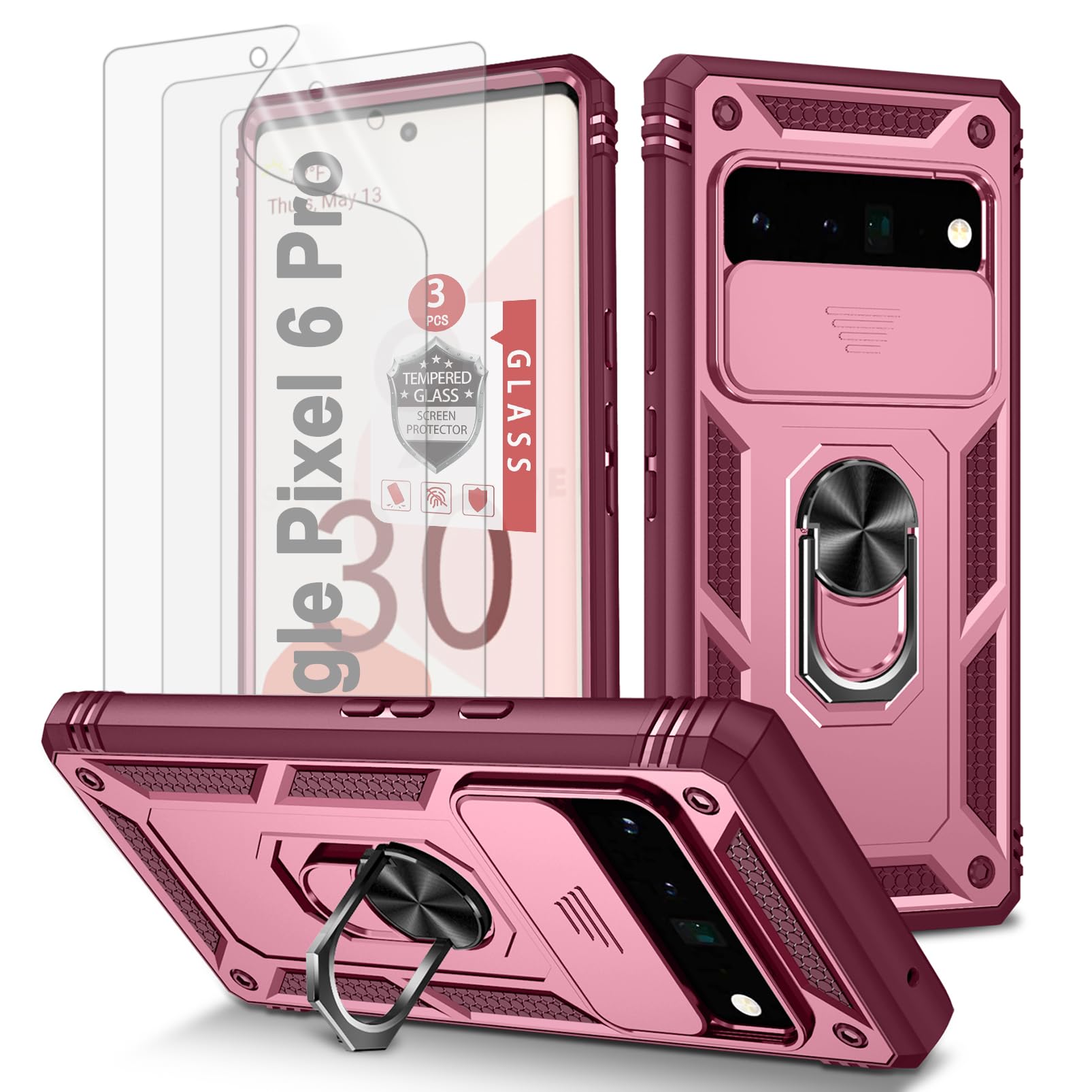 Case for Google Pixel 6 Pro, for Pixel 6 Pro 6.7", with 3 Pcs HD Soft Screen Protector Built in Ring Stand Kickstand + Camera Cover, Hard PC Soft TPU Defender Full Body Protective Armor Cover - Wine