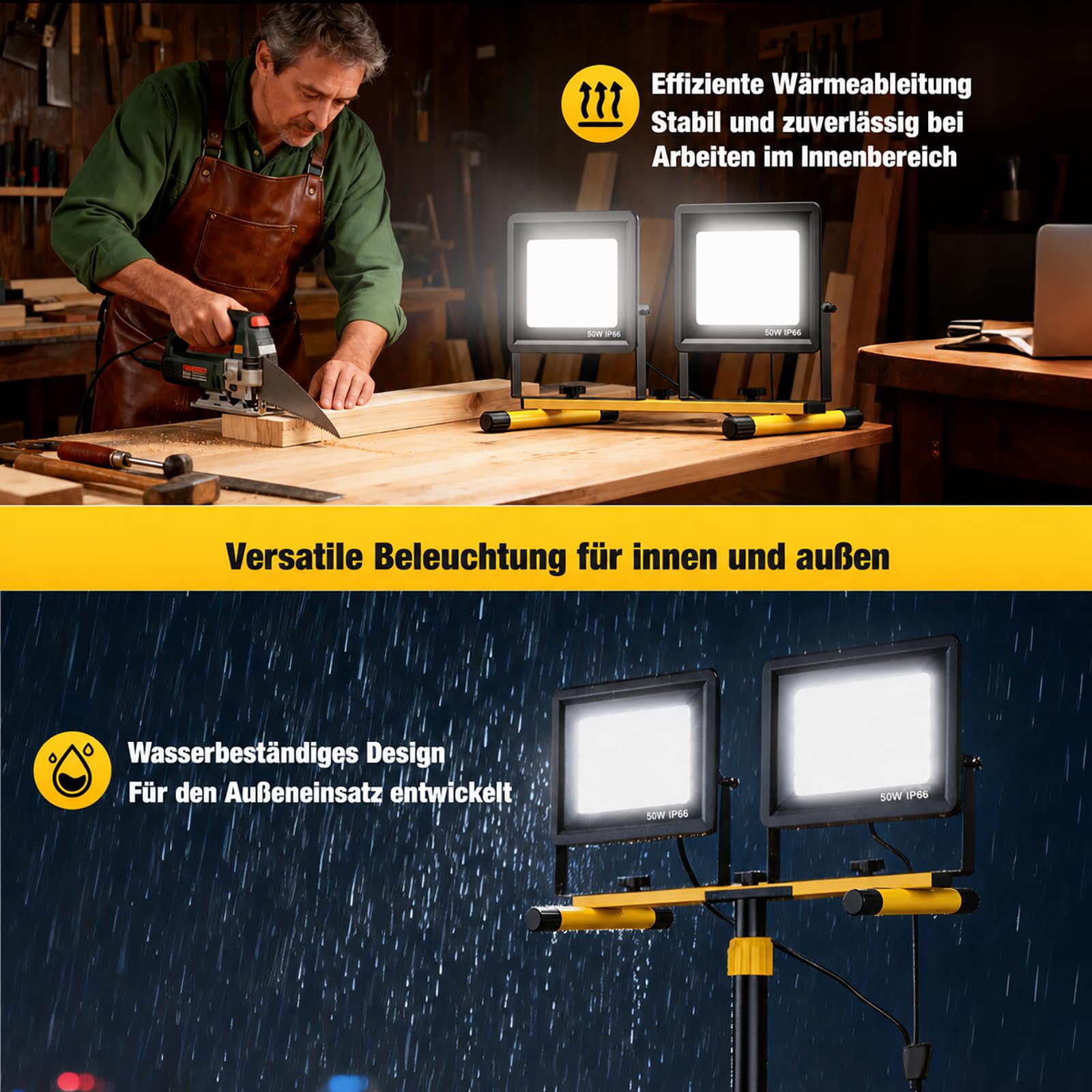 Reflektor budowlany LED 2 x 50 W, lampa robocza LED z wtyczką