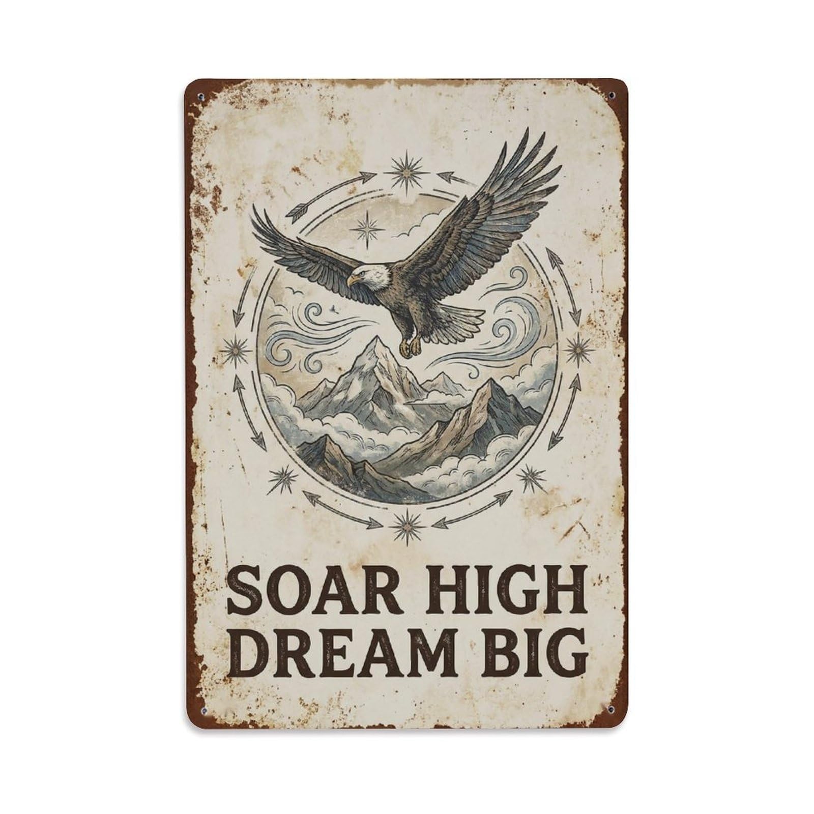 Okngb Style Vintage Eagle Wildlife Motto High Dream Big Heritage Metal Tin Sign Plaque Wall Decor For Cafe, Man Cave, Club Bar, Office, Home Garden Round Metal Poster 8X12inch