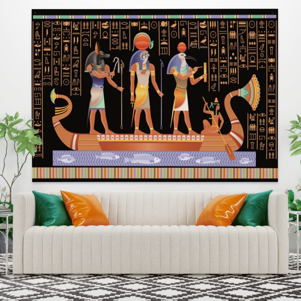 YONGFOTO 100x70cm Starożytny Egipt gobelin, egipski wzór gobeliny hieroglificzne ryciny łódź tradycyjne drewno gobelin do salonu akademik wystrój sofy koc