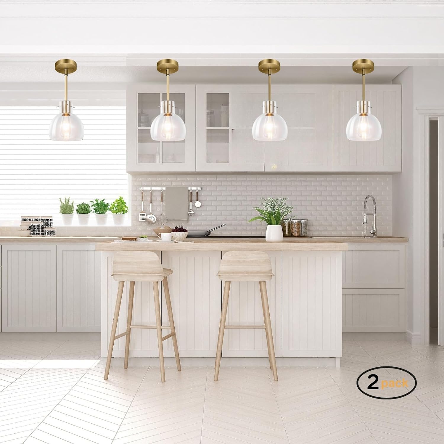 2 Pack 1L Brass Pendant Light Kitchen Island,Gold Modern Chandelier Clear Glass Shade, Adjustable Height Multiple Stems Rods Hanging E26 Farmhouse Sloped Ceiling Light for Dining Room Bar