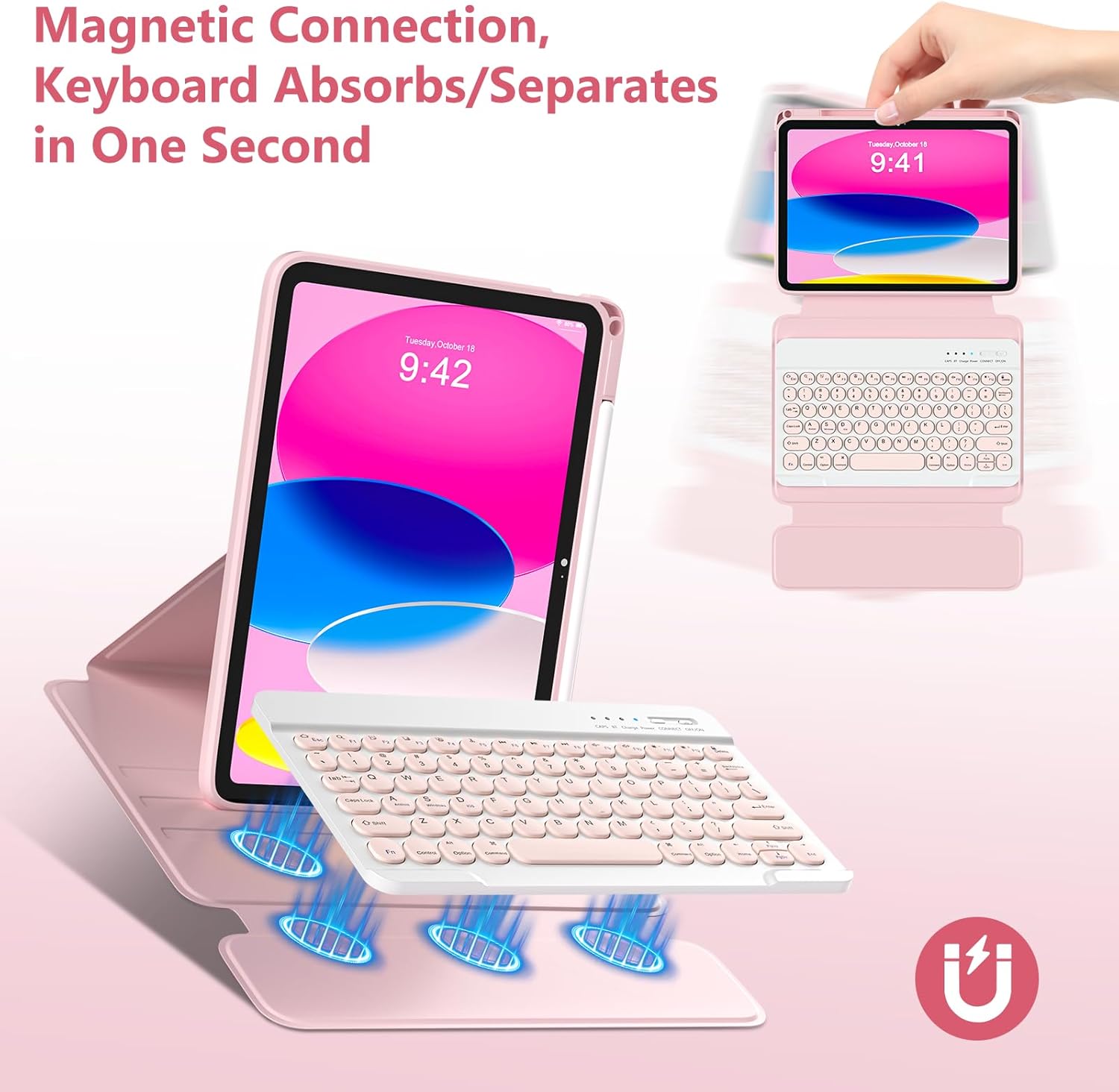 besky Keyboard case for iPad A16 11th 10th Generation 11/10.9 inch, Detachable Keypad,360 Rotatable Magnetic Cover with Pencil Holder for iPad 11 2025 10 Gen 2022 - Light Pink - Image 3