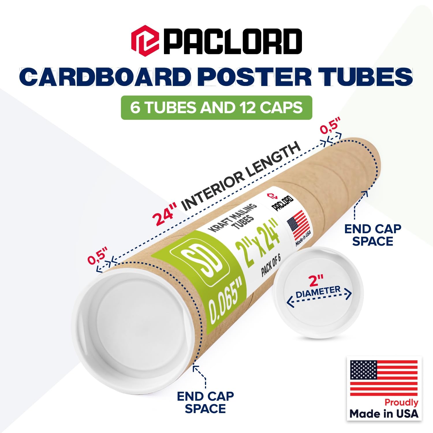 Tubos de correo de papel kraft reforzados de 2 x 24 pulgadas, paquete de 6 tubos con 2 tapas cada uno, tubo de póster aprobado por USPS, tubo de cartón fabricado en Estados Unidos para enviar y