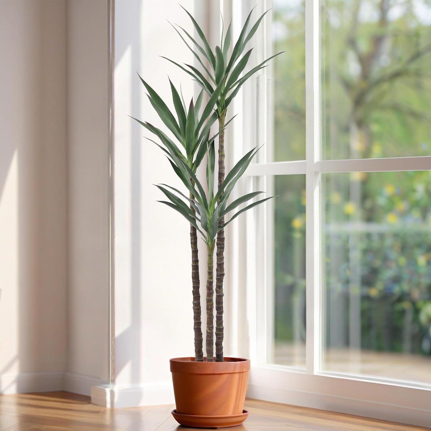 Artificial Tree 5.3ft Faux Agave Plant with 45 Leaves and 3 Realistic Trunks,Fake Floor Potted Artificial Tall Plants for Home Office Garden Decor Indoor (5.3Feet,1Pack)