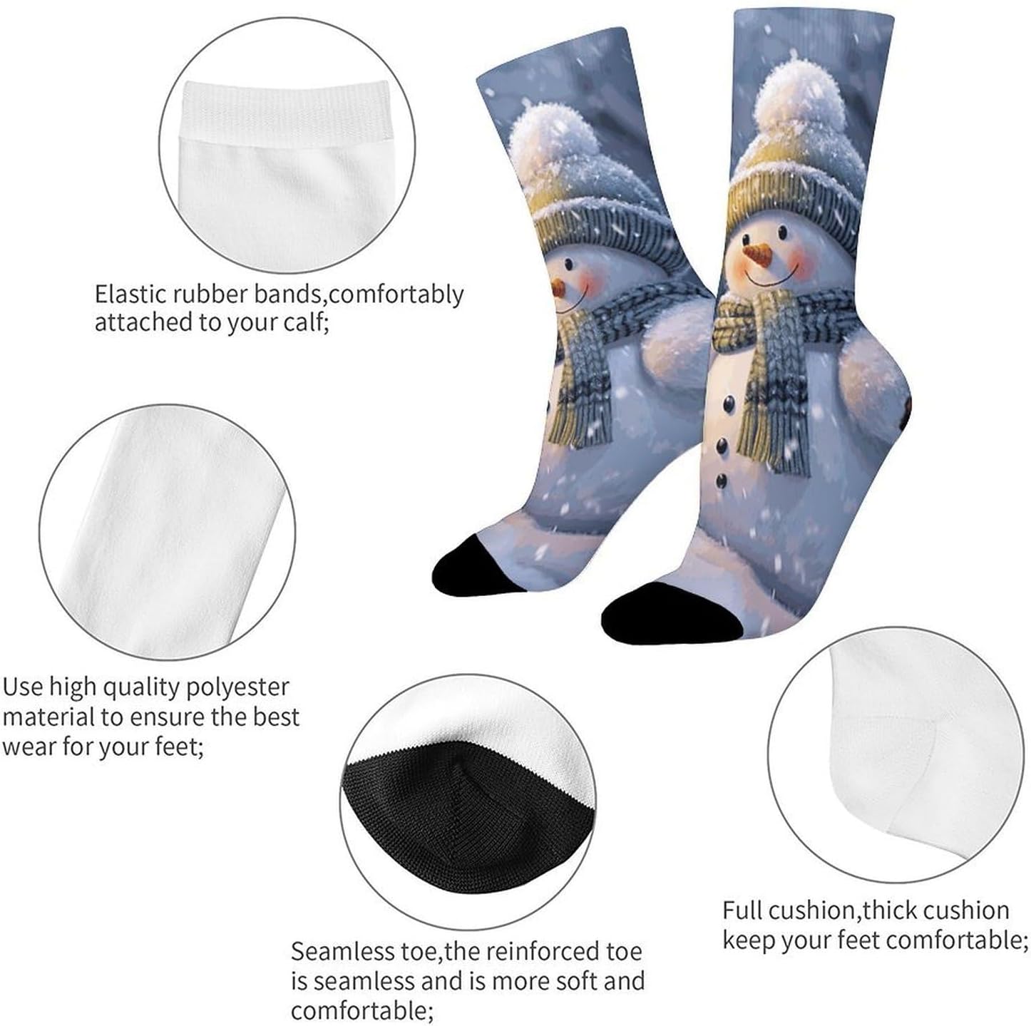 Moisture Wicking Socks, Breathable, Lightweight Crew Sock, Casual | Winter Snowman Work Socks for Women Men, Elastic Soft Boot Socks for Travel, Seamless
