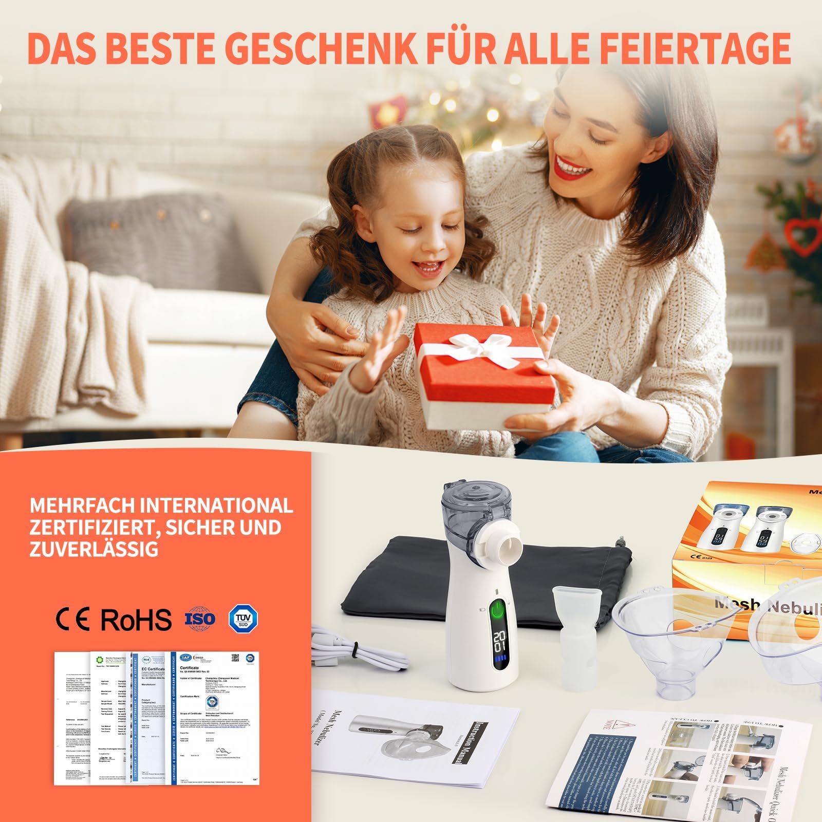 InhaliergeräTe FüR Erwachsene，InhalationsgeräT Kinder Mit Tragbar USB Elektrische Inhalatoren，Nebulizer Inhalator Mit Led-Timer，Vernebler InhaliergeräT Zur Linderung Von Atemwegsinfektionen (Grau)