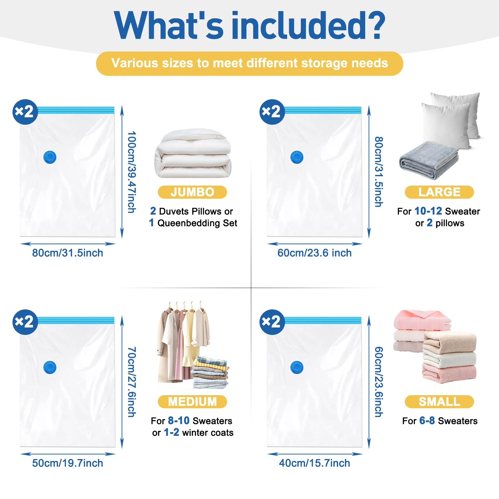Lot de 8 sacs de rangement sous vide avec pompe manuelle pour couettes, couvertures, literie, oreillers et vêtements Lot de 8 sacs de rangement sous vide avec pompe manuelle pour couettes, couvertures, literie, oreillers et vêtements