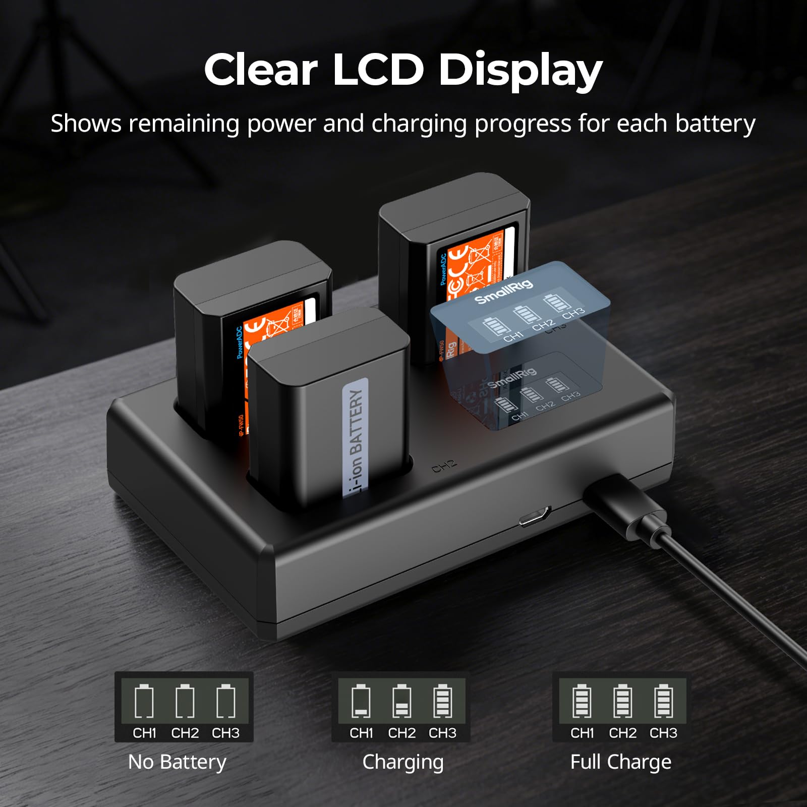 SMALLRIG Kit de Batterie NP-FW50 pour appareils Photo Sony, Chargeur LCD Triple Emplacement avec 3 Batteries 1030 mAh, décodage Complet pour Sony A6000, A6100, A6300, A6400, ZV-E10, A7, A7S - 6019