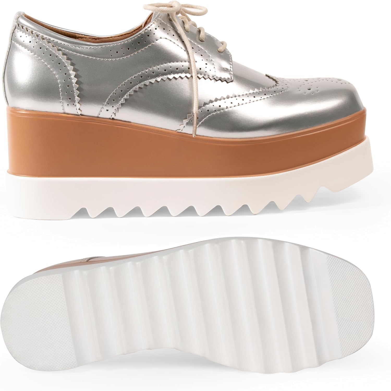Women's Platform Oxford Shoes Classic Chunky Patent Leather PU Square Toe Wedges Casual Lace Up Sneakers