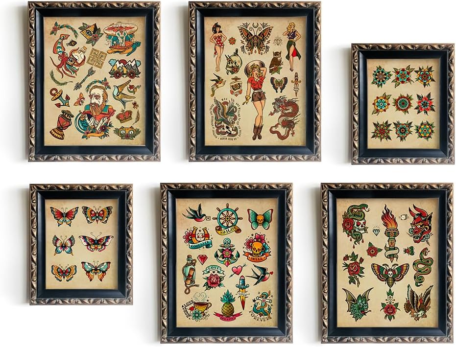 Tattoo Shop Wall Decoration - 11x14 Old School Tattoo Pictures - Vintage Tattoo Poster Picture Set - Gift for Tattooist - Tattoo Flash Wall Art & Decor - Oddity and Curiosity Decor Tattoo Print Room