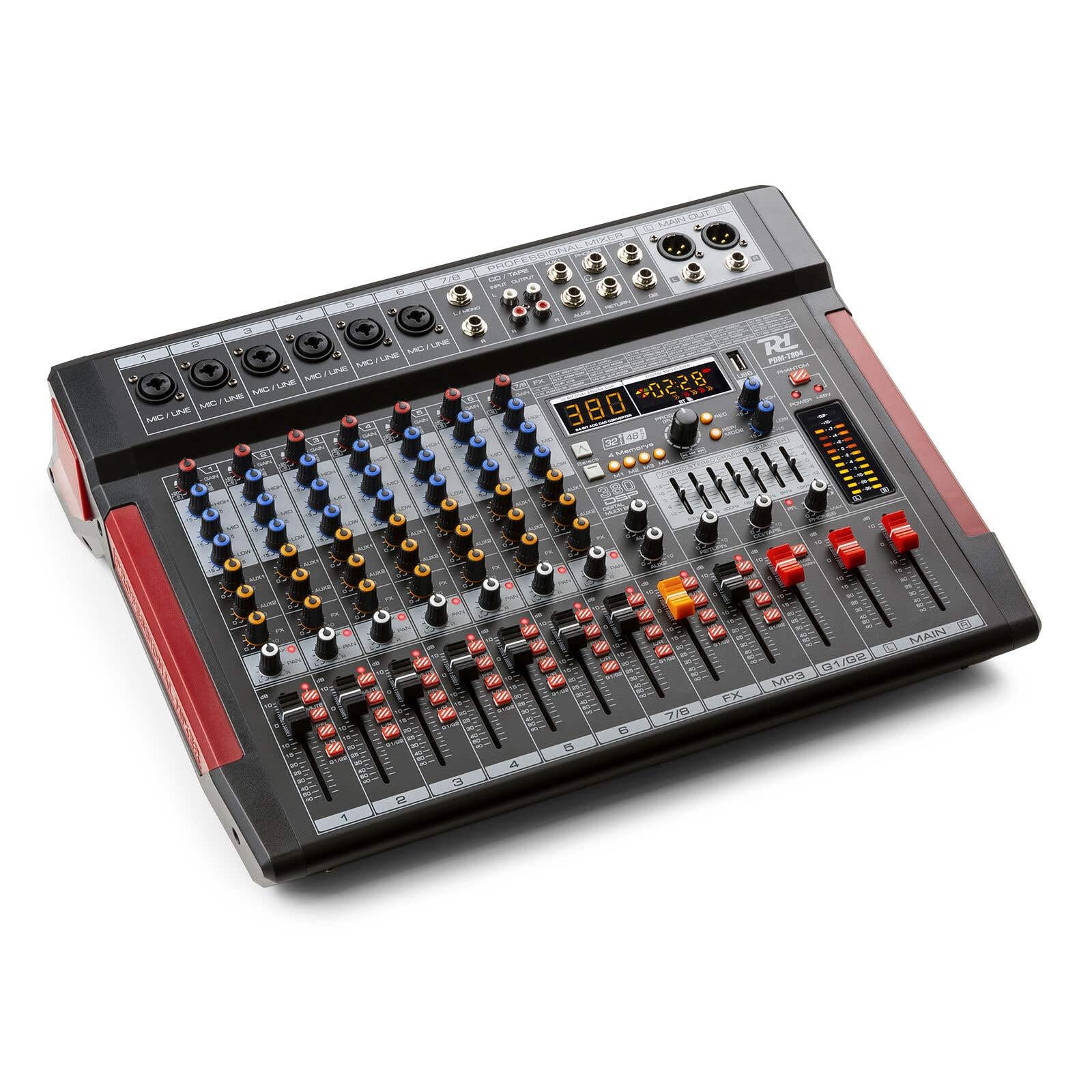 Power Dynamics PDM-T804 Console de Mixage 8 Canaux - avec Streaming Bluetooth, Egaliseur Graphique 7 Bandes, MP3, Sortie USB, Sortie Casque Jack 6,35mm, Idéal pour Studio d'Enregistrement