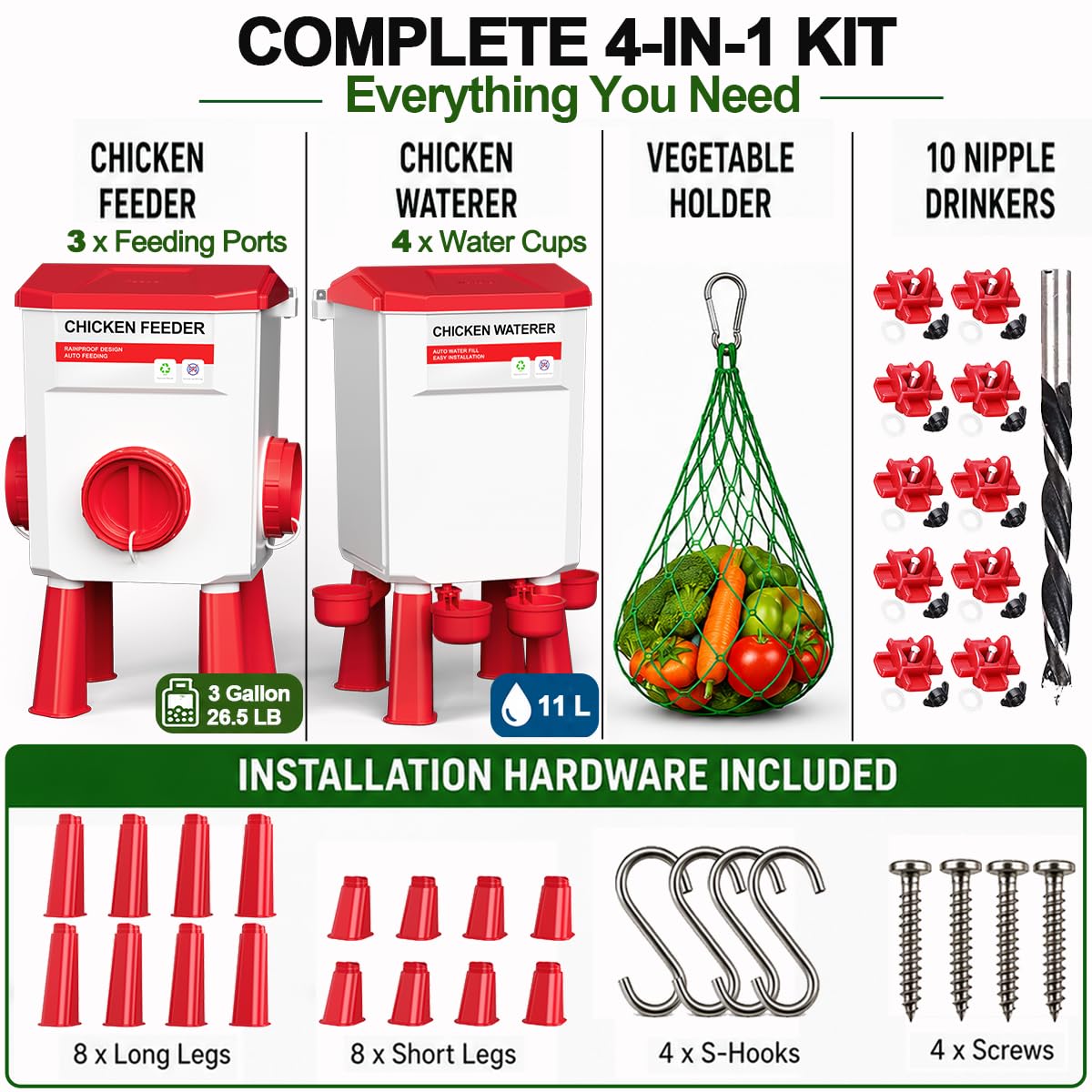 Ensemble mangeoire et abreuvoir pour poulets, système d'alimentation automatique sans déchets, mangeoire de 12 kg et abreuvoir de 11 L, kit de poulailler 4 en 1 avec support de légumes pour
