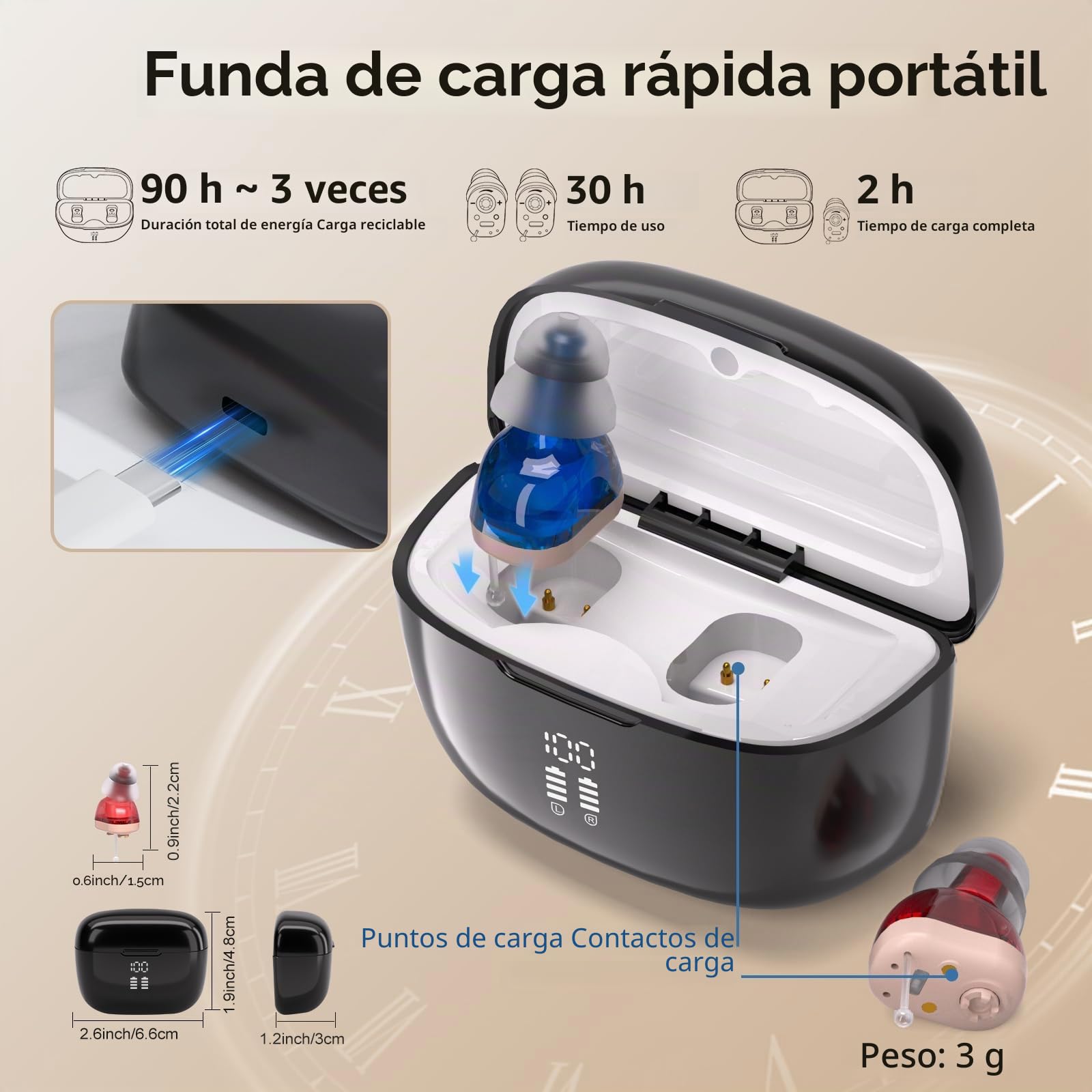 Dispositivos de sonido recargable con caja de carga- Encendido/apagado automático, volumen ajustable, diseño discreto, energía durante todo el día