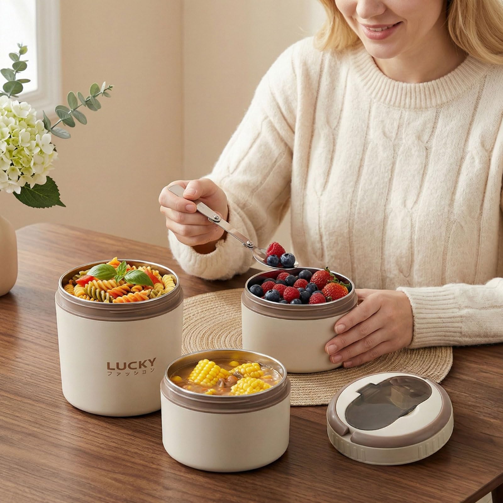 Contenitore Termico per Alimenti, 3 Strati, Lunch Box Termico Portatile con Cucchiaio Pieghevole, Grande Capacità Beige, Ideale per Ufficio, Scuola e Picnic