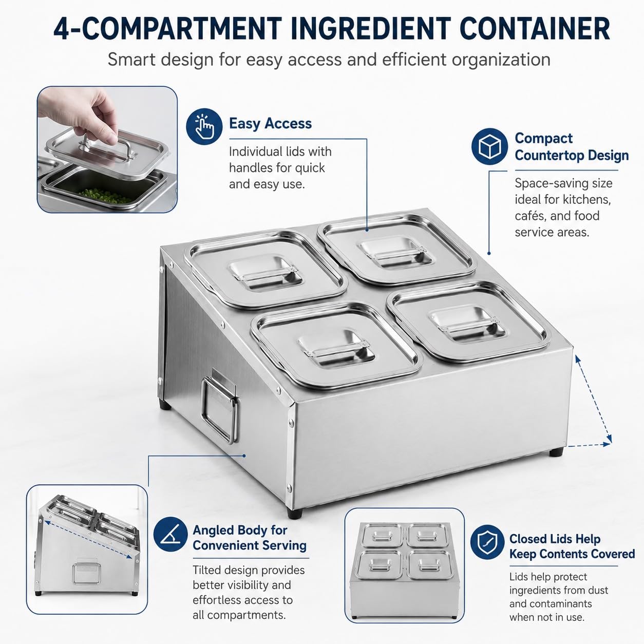 Porta Ingredienti Pizza in Acciaio Inox con Coperchio – Contenitore per Condimenti Refrigerato, Vaschette Gastronom Modulari 4 Scomparti, per Pizzeria e Preparazione Ingredienti
