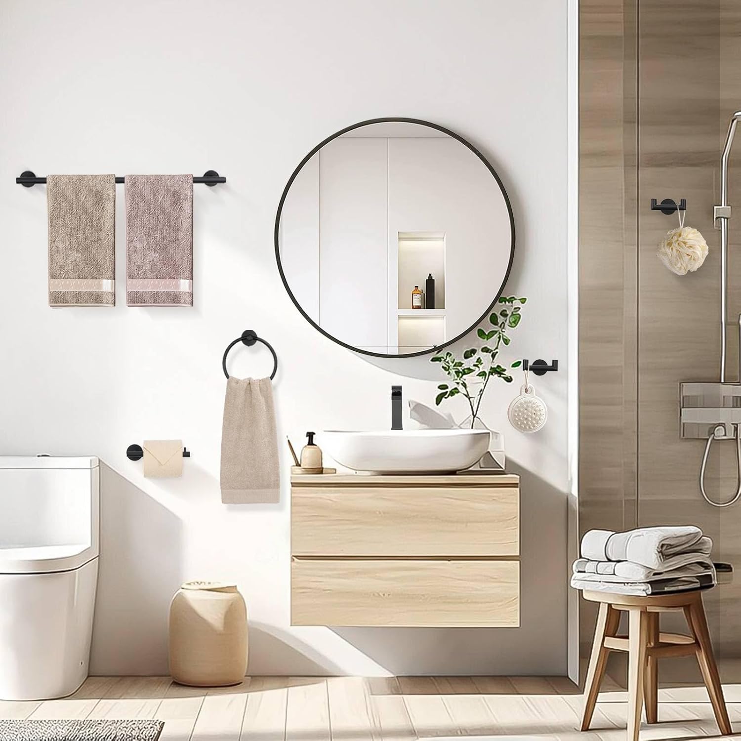 TNOMS 5 Pieces Towel Bar Set Matte Black Bathroom Hardware Accessories Set Stainless Steel Towel Racks Set for Bathroom,Wall Mounted 23.6 Inch Bathroom Hardware Set