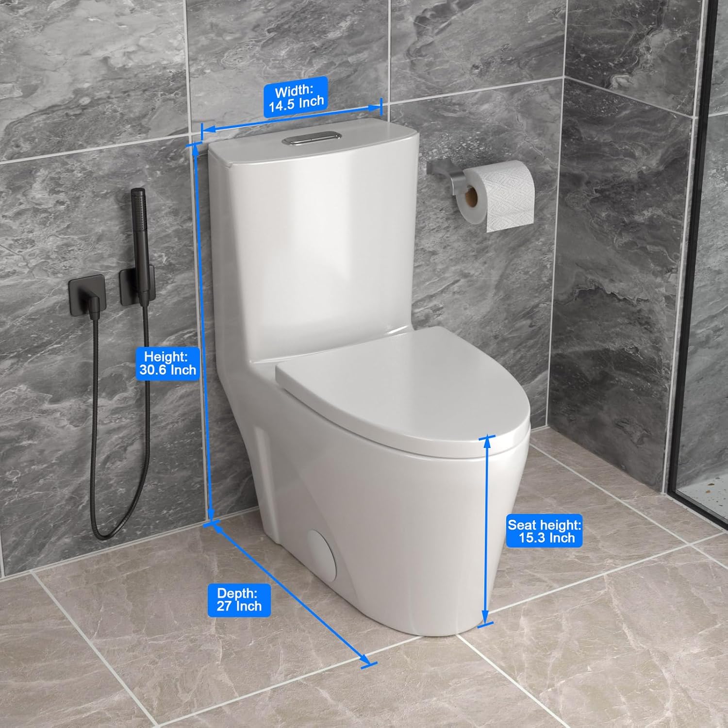 12'' Rough-in Compact One Piece Toilet - White Ceramic Toilets with 15.3" Soft Close Chair Seat 1.1/1.6 GPF for Water Saving Dual Flush Small Bathroom Compact Toilet 14.5''x27''x30.6''
