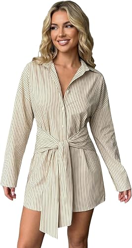 winkbay Women's Striped Button Down Tie Waist Long Sleeve Shirt Dresses