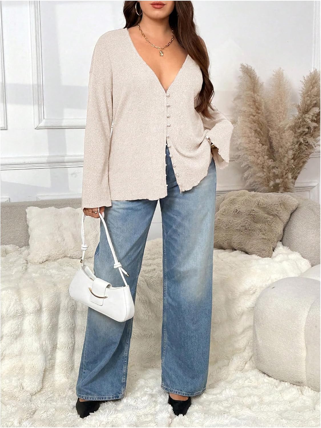 SOLY HUX Women's Button Down Deep V Neck Cardigan Sweater Long Sleeve Shirts Casual Fall Outerwear - Image 5