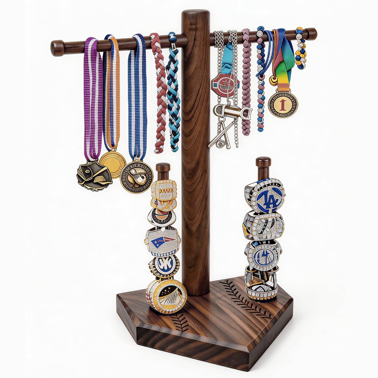 Rovarahoom Walnut Baseball Ring Holder Wooden Baseball Softball Drip Necklace & Championship Ring Holder, Softball Jewelry Organizer Display, Solid Wood Baseball Necklace Holder Gift - 3 Rods + 1