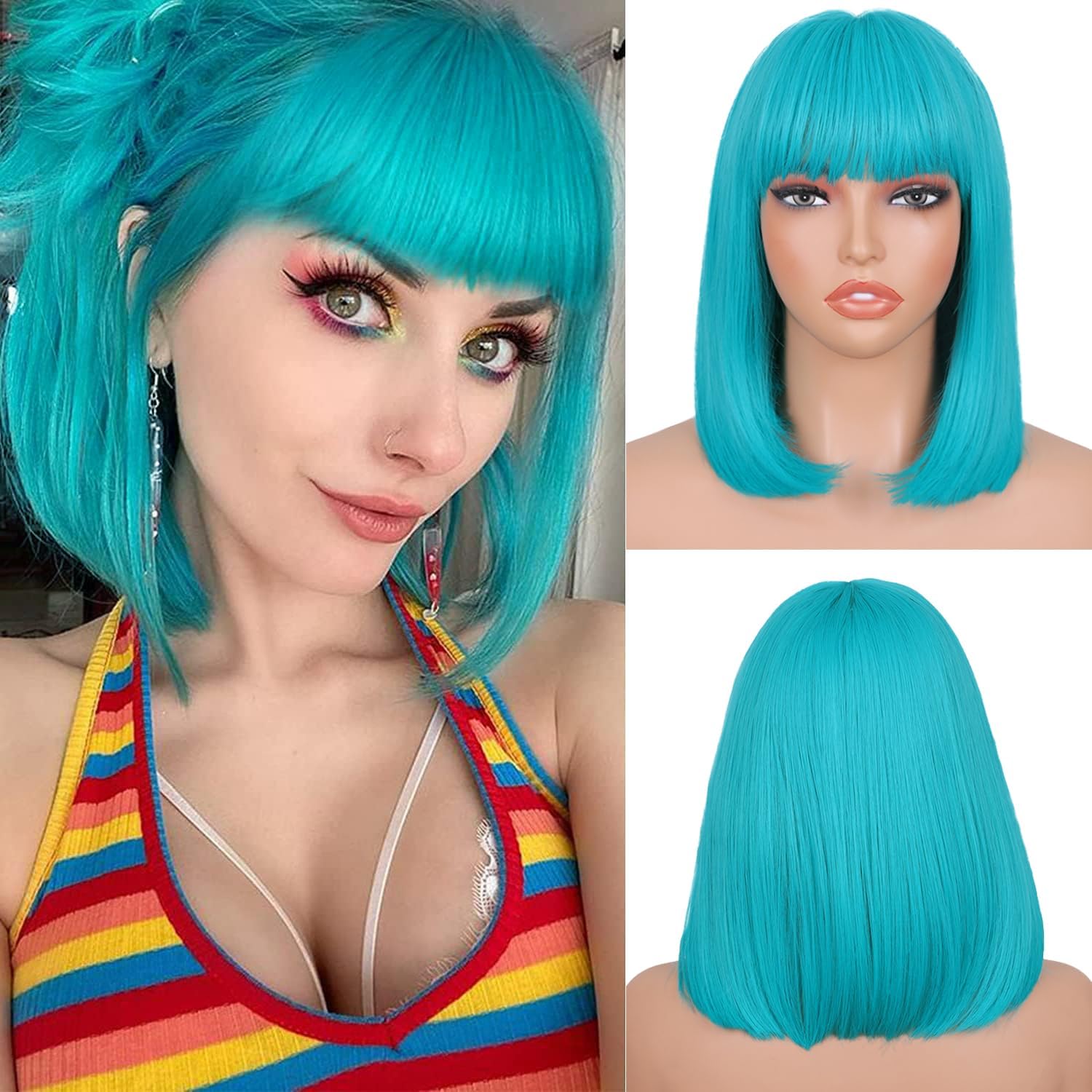 Lady Miranda Teal Wig Short Turquoise Bob Wig with Bangs Synthetic Wig 0-TEAL BLUE