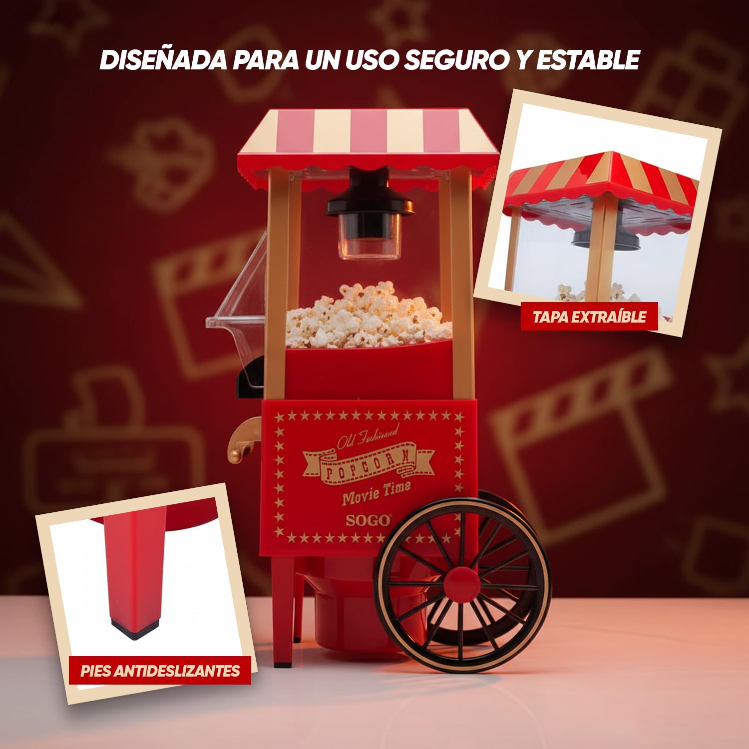 SOGO Machine à Pop-Corn rétro 1200 W sans Huile ni Beurre, Facile à Nettoyer, SS-11330