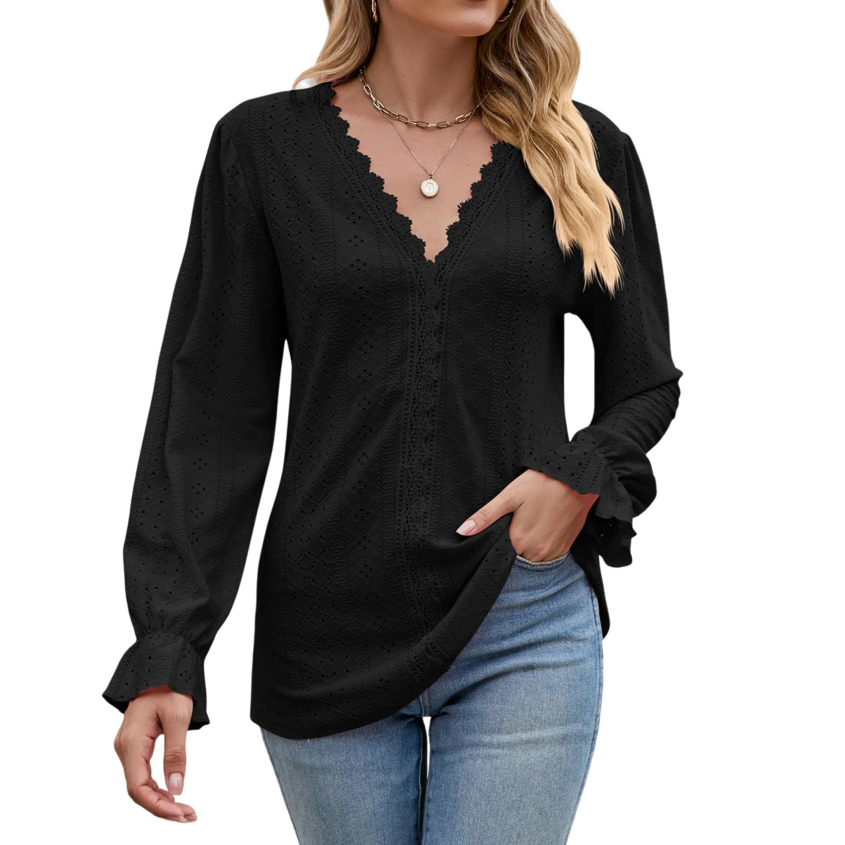Atxnn Mujer Blusa Elegantes de Encaje Camiseta con Cuello en V Camisa Casual de Manga Larga Tops con Ojales de Fiesta