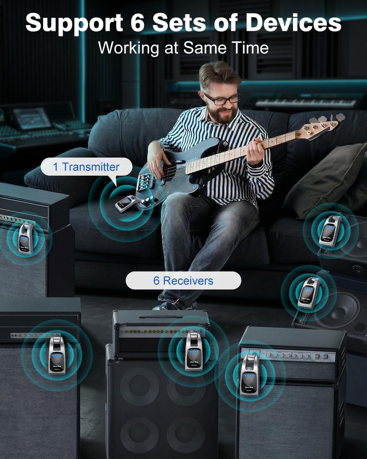 Wireless Guitar System 2.4GHz with 6 Channels 24Bit/48KHz Hi-Res Audio Rechargeable Wireless Guitar Transmitter Receiver for Bass Active Pickup Electric Instruments(Silver)