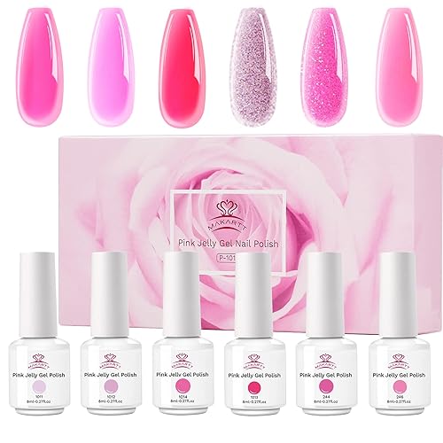 Makartt Pink Jelly Kit de esmalte de uñas de gel translúcido, colección de esmalte de uñas de gel rosa claro, rosa intenso, esmalte de uñas de gel