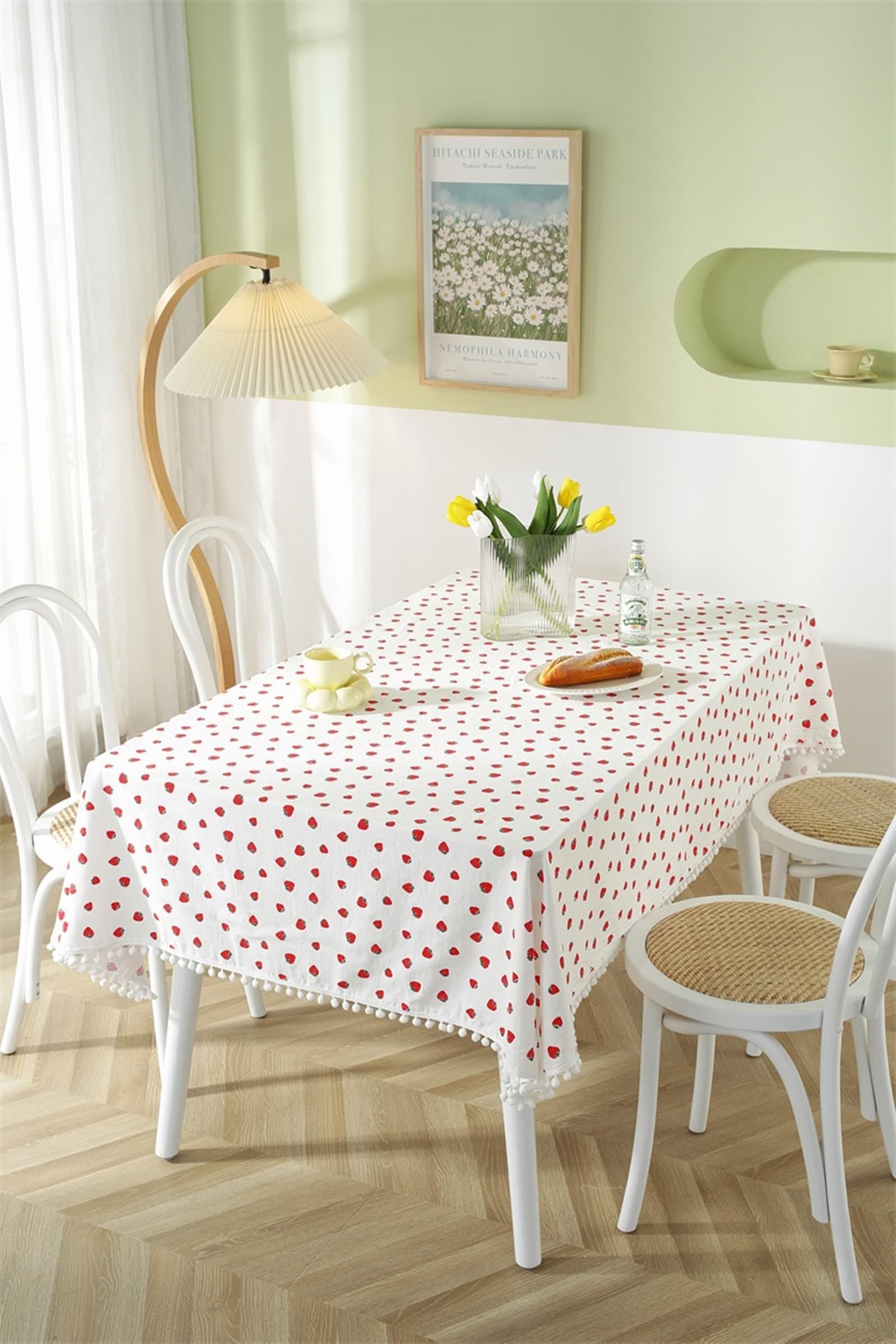 Manteles de mesa bohemios para sala de estar, manteles de tela con estampado de fresas, bonitos manteles blancos modernos de mediados de siglo, de algodón, 87 x 55 pulgadas