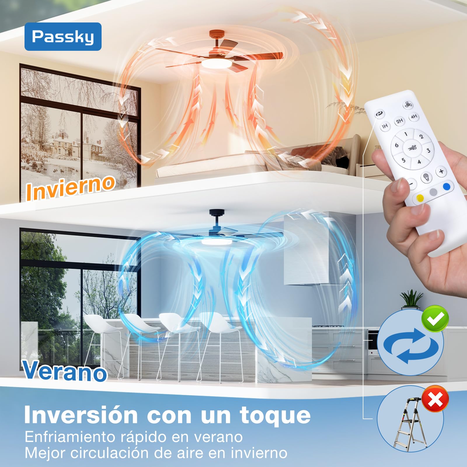 Passky Ventilador de Techo con Luz LED Mando 132cm Silencioso Negro | 5 Aspas Doble Face Temporizador Motor DC 3 Luces Regulables 6 Velocidades Reversible Verano Invierno Int/Ext Salón Dormitorio