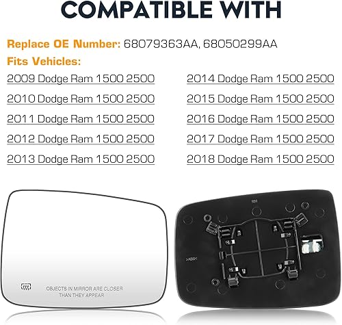 Miniatura 6 de Espejo calefactable con vista lateral derecha del pasajero con placa de respaldo compatible con Dodge Ram 1500 2500 2010, Ram 1500 2500 2011-2018