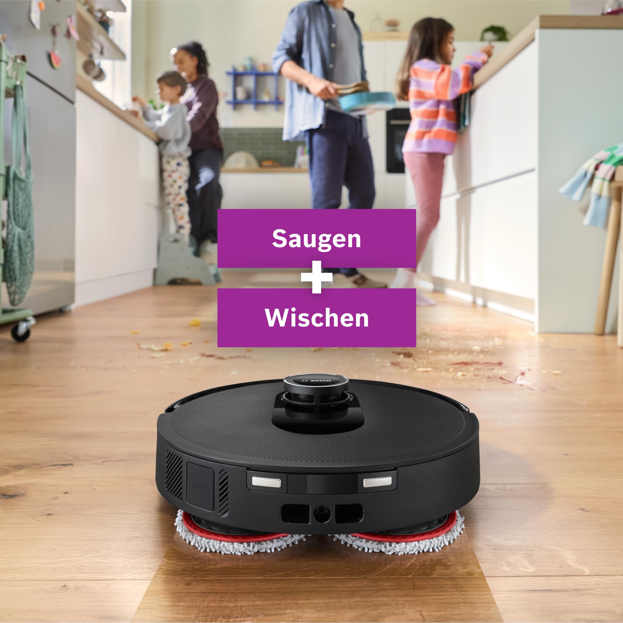 Bosch Spotless Max BCRDW3B Saugroboter mit Wischfunktion, 11.000 Pa Saugkraft, rotierende Wischpads, Nass-Trocken-Servicestation, Selbstreinigung, Smart Vision Navigation, Steuerung per App, schwarz