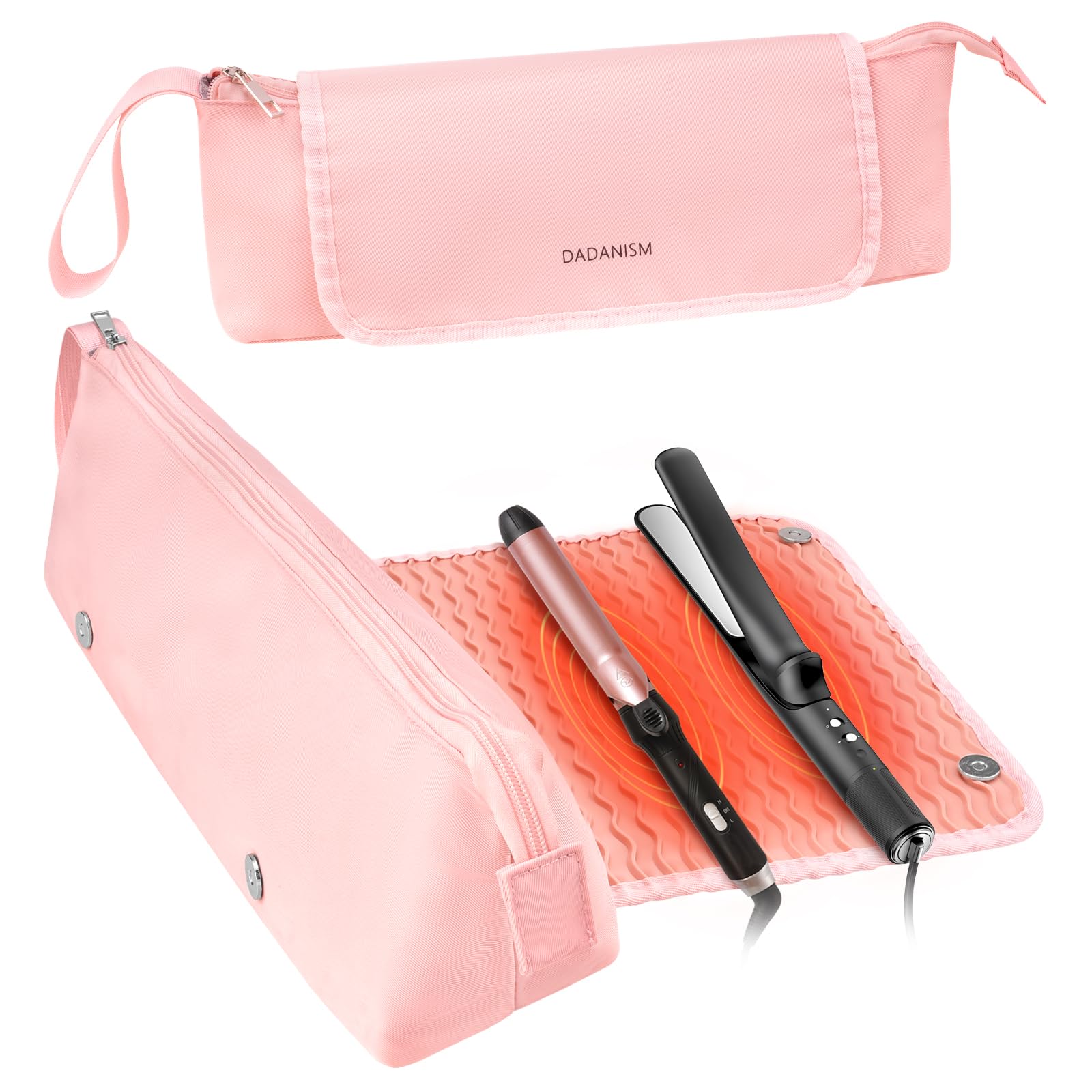 Dadanism Kit per Parrucchieri, Borsa da Viaggio per Strumenti per Capelli con Tappetino Termoresistente Rimovibile, Organizzatore 2 in 1 per Arricciacapelli, Piastra e Accessori da Donna, Rosa