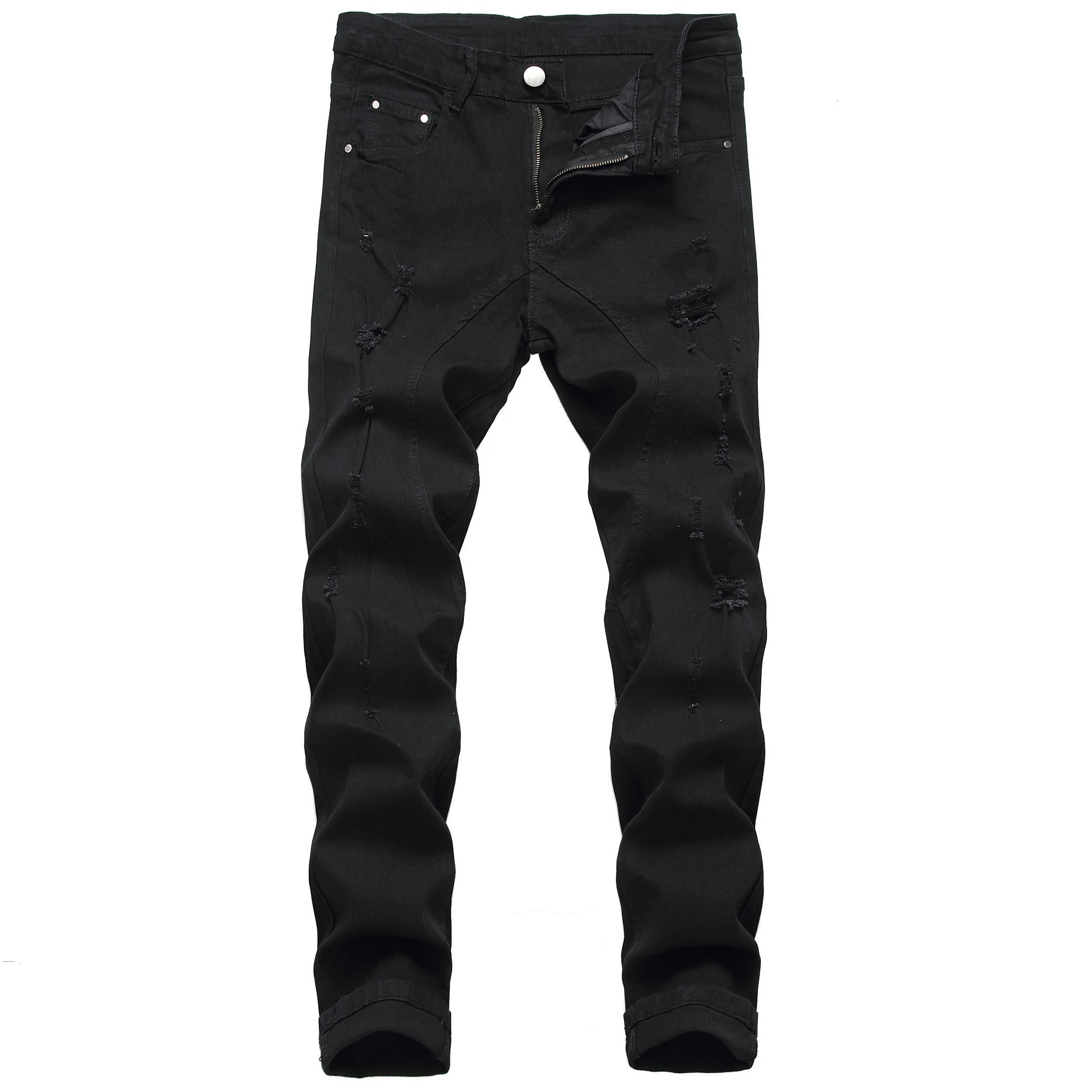 Jeans da motociclista slim fit da uomo, pantaloni in denim da moto strappati elasticizzati distrutto, Nero-strappato, 48