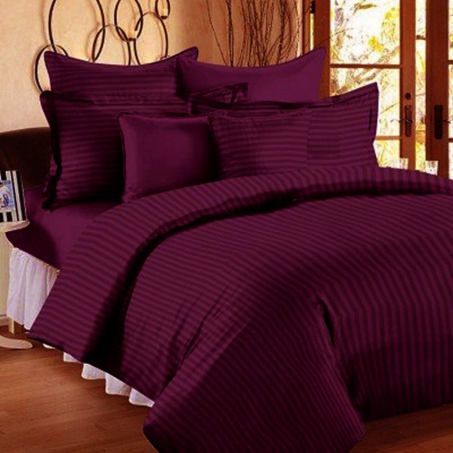 KFH DECOR Premium 210 Tc Plain Satin Stripes Bedsheet for Double Bed King Size Cotton with Two Large Pillow Covers for Home Hotels Guest House (Size 90 * 100 in), Wine